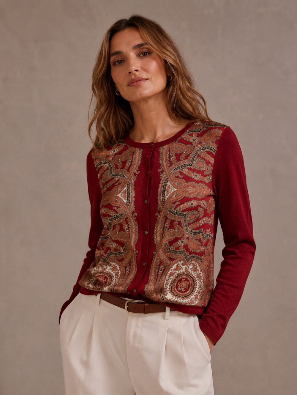 Vintage Red Italian Merino Paisley Cardigan Elegant Quiet Luxe Grandma Chic